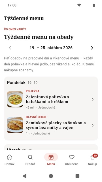 Týždenné menu na obedy