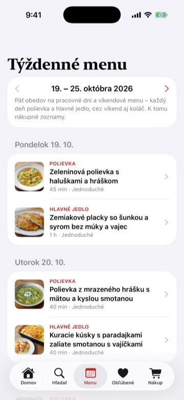 Týždenné menu na obedy