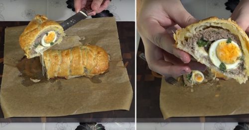 Výborný recept na jednoduchú večeru, ktorá zasýti. Bochník z lístkového cesta plnený mäsom a vajíčkom!