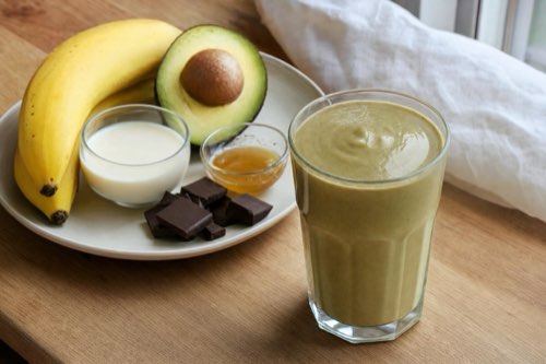 Banana avocado smoothie with chocolate and honey