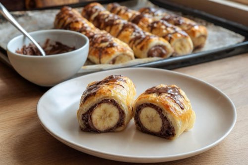 Banány v lístkovom ceste s Nutellou a čokoládou