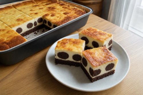 Bodkovaný cheesecake s čokoládou na kakaovom korpuse