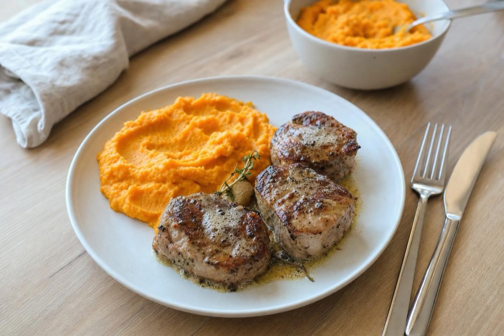 Butter-seared pork tenderloin with sweet potato puree