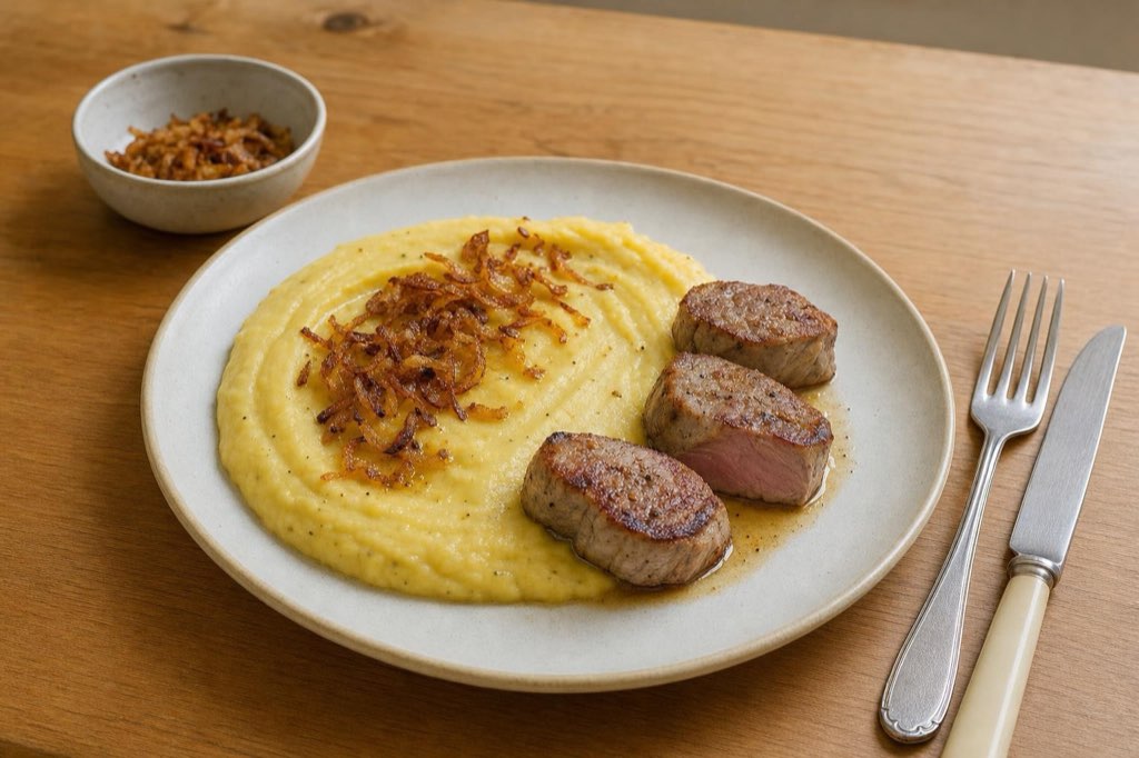 Pork tenderloin with yellow pea puree and fried onions