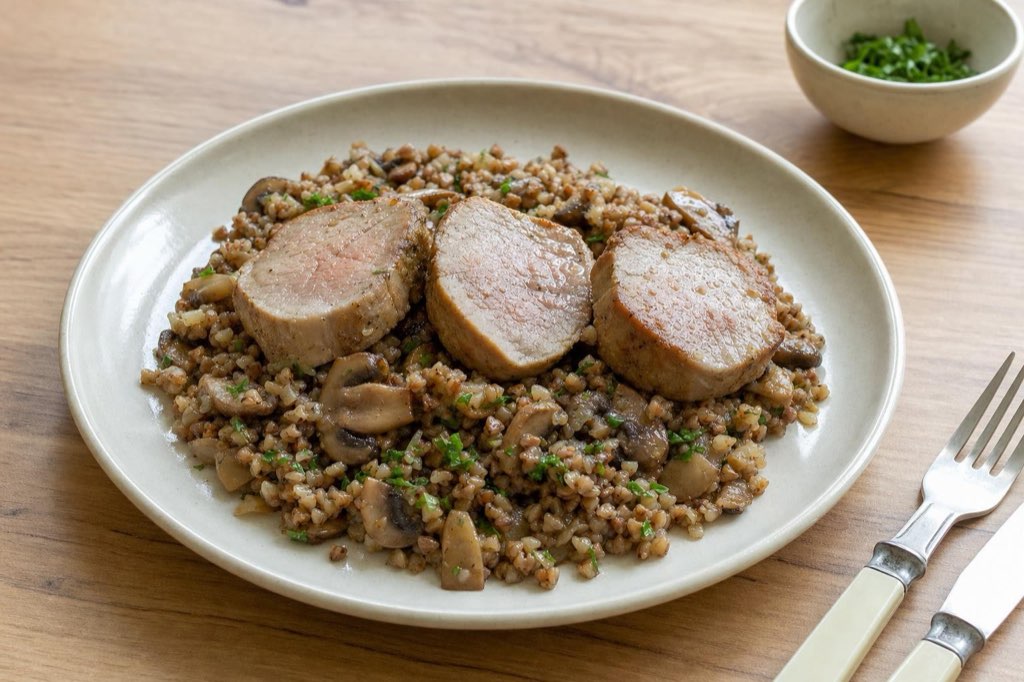Pork tenderloin with buckwheat and mushrooms