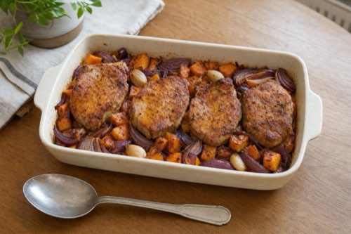 Pork loin chops with sweet potatoes and red onions