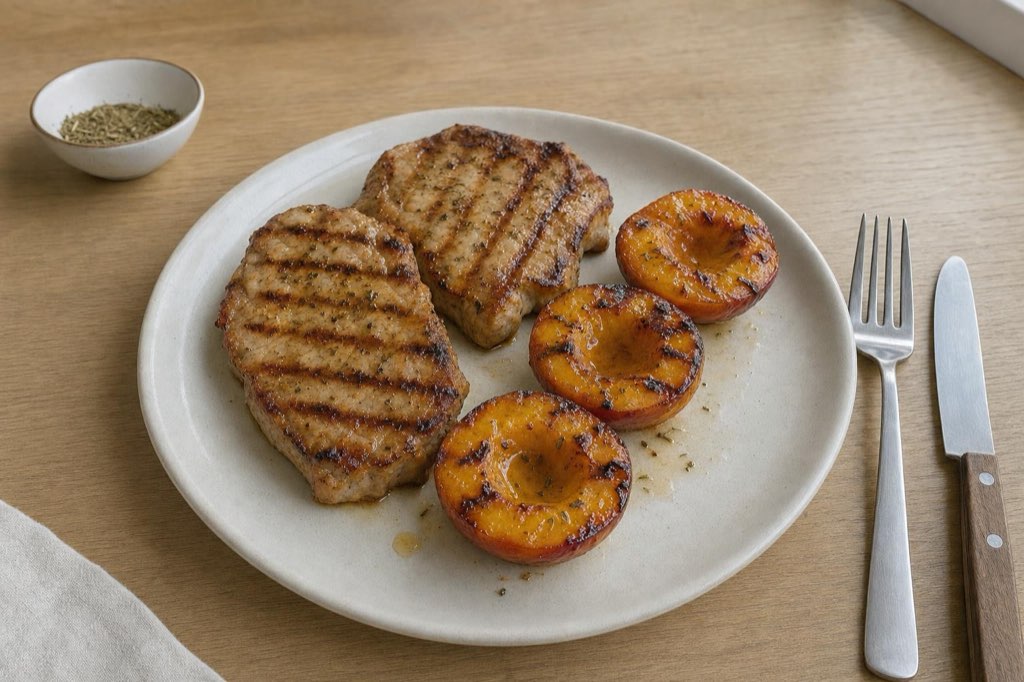 Pork loin chops with grilled peaches and thyme