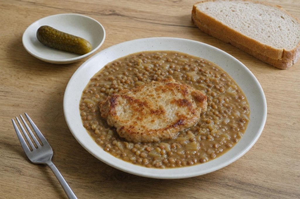 Pan-seared pork loin with tangy lentils and onion