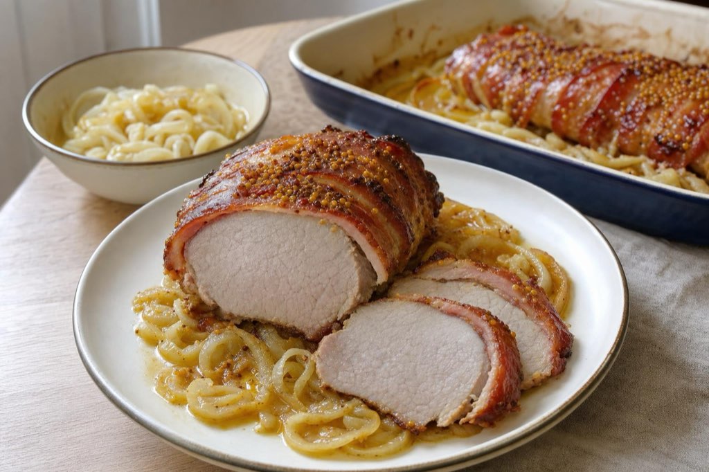 Schweinekarree im Speckmantel mit Senf