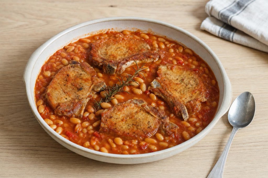 Pork chops with white beans in tomato sauce