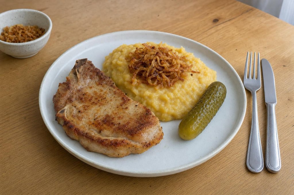 Pork chops with yellow pea puree and fried onions