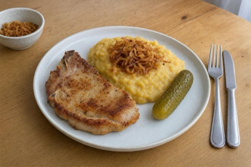 Vepřové kotlety s hrachovou kaší a smaženou cibulkou
