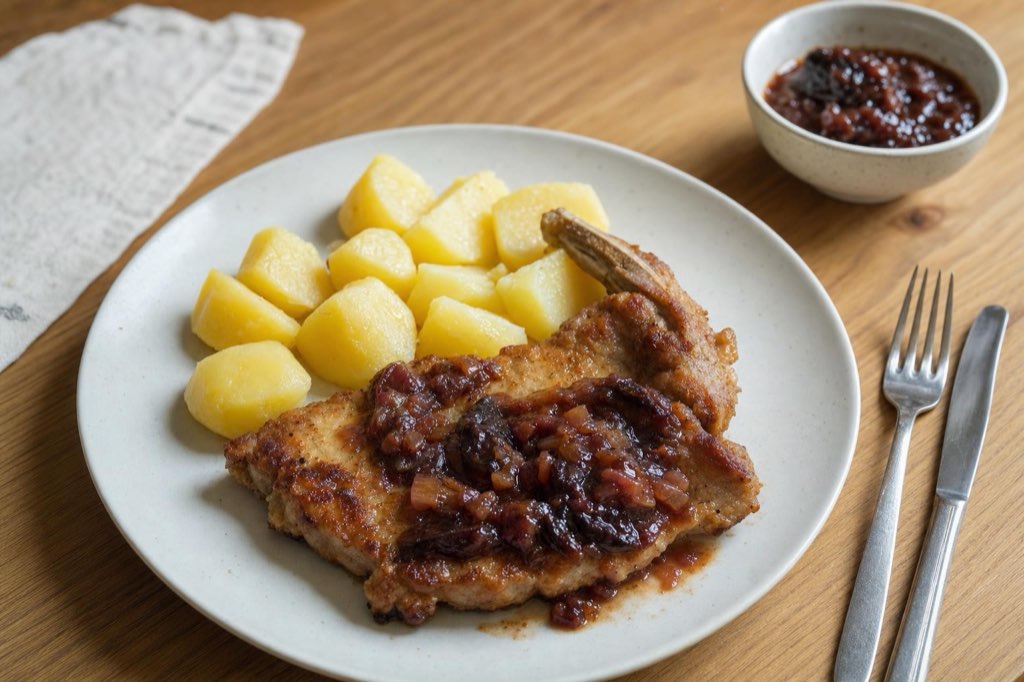 Pork chops with plum and thyme sauce