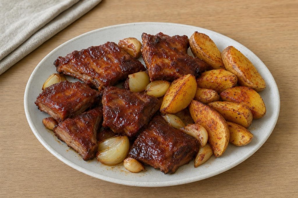 Oven-bag honey BBQ pork ribs with potatoes
