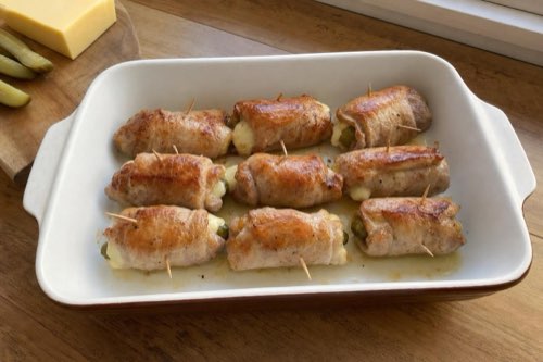 Pork rolls stuffed with pickles and cheese