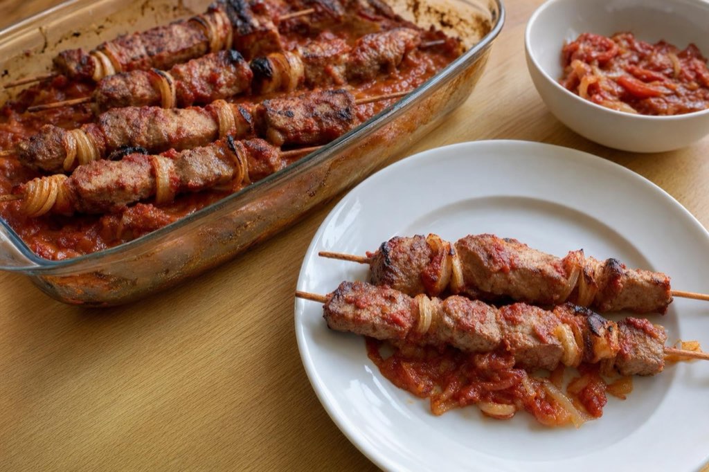 Bravčový kebab z karé s cibuľou a paradajkami