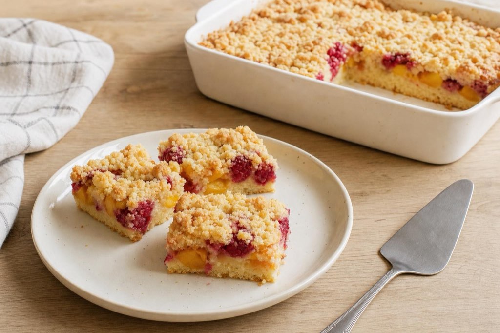 Peach and raspberry cake with butter streusel