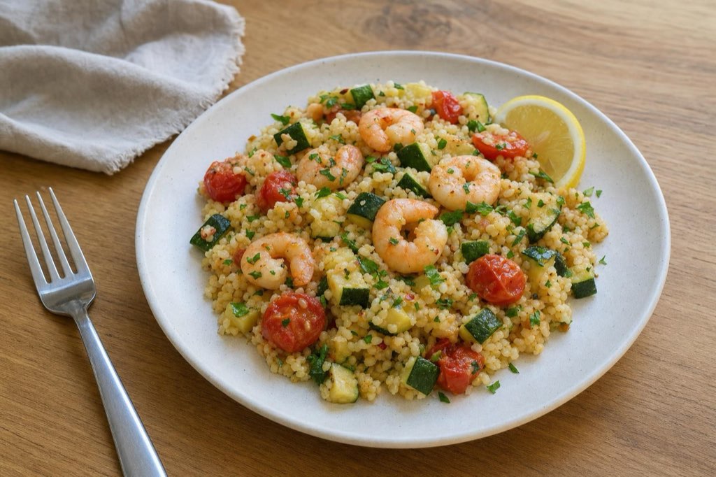 Bulgur with shrimp, zucchini, and tomatoes