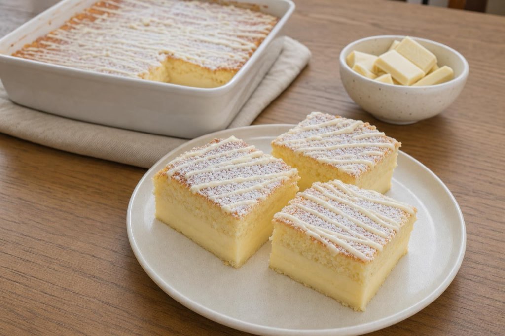 White chocolate magic custard cake