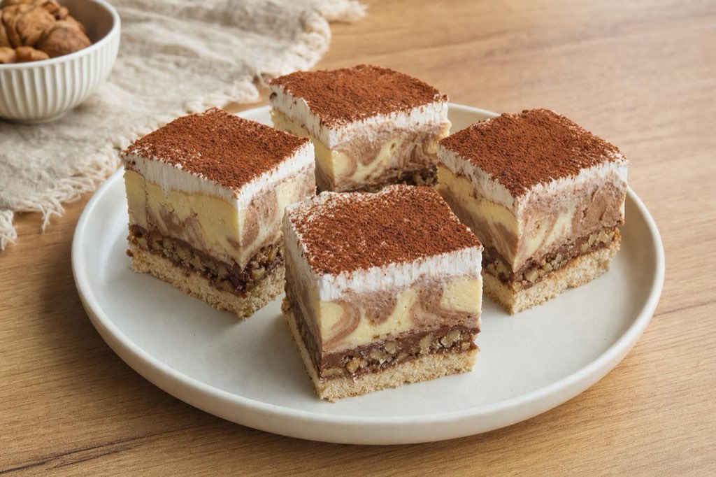 Walnussschnitten mit zweifarbiger Puddingcreme