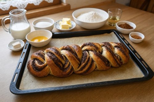 Chocolate-filled yeast pastries with cinnamon