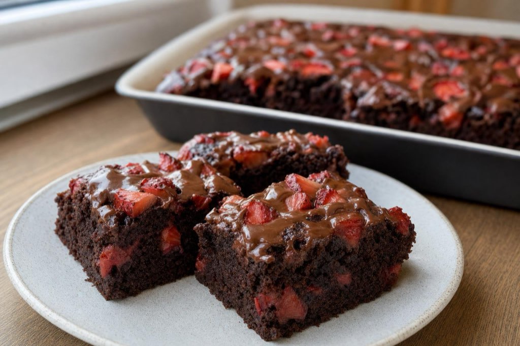 Chocolate cake with strawberries and coffee