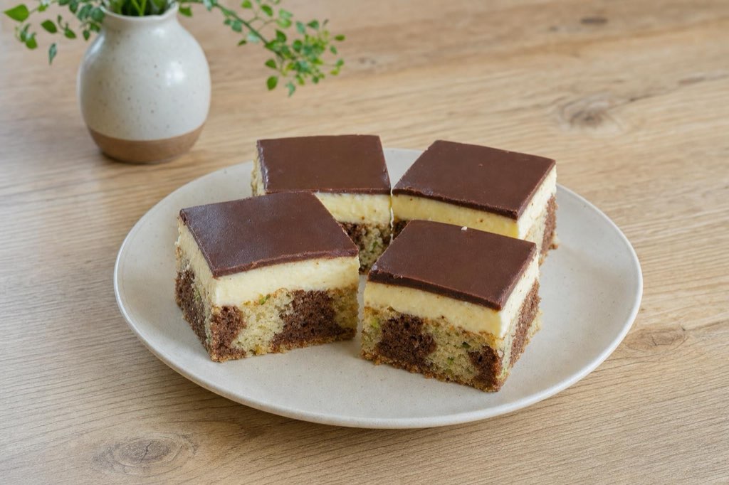 Marmorierter Zucchinikuchen mit Creme und Schokolade