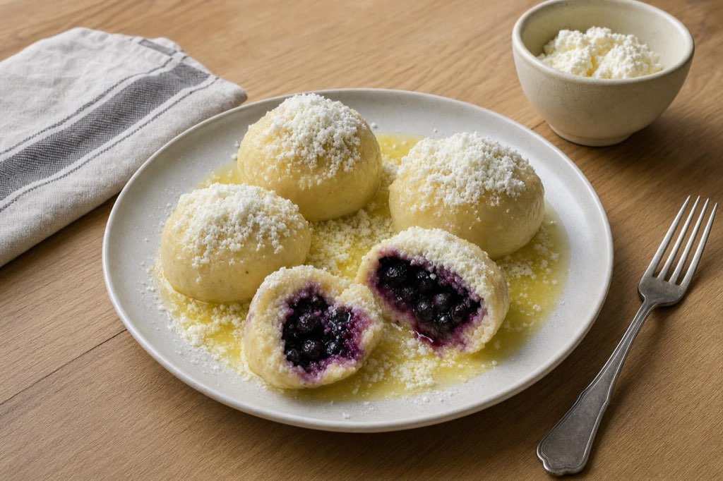 Blueberry dumplings with quark dough and butter
