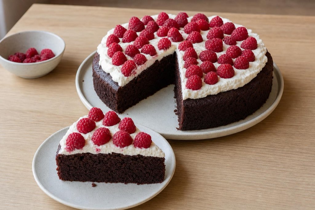 Chocolate beet cake with raspberries and whipped cream