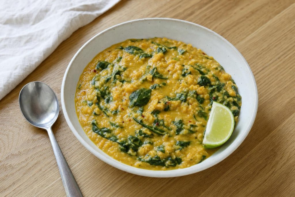 Red lentil dal with spinach and coconut