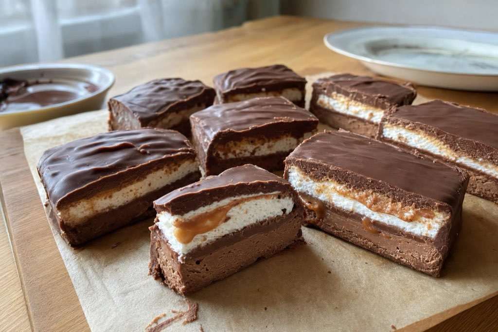 Homemade Milky Way bars with marshmallows