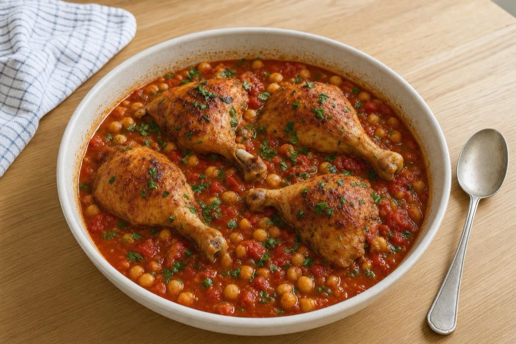 Braised chicken legs with chickpeas and tomatoes