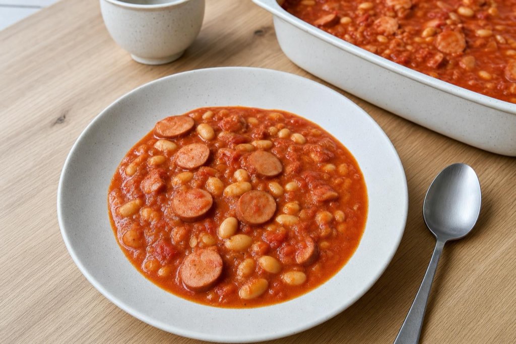 White beans and frankfurters in tomato sauce