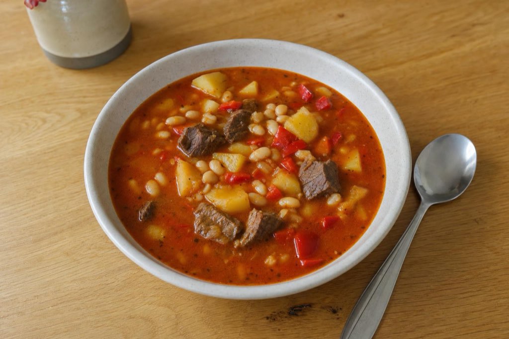 Beef and bean soup with red bell pepper