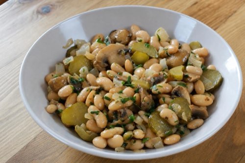 Bean salad with mushrooms and pickles
