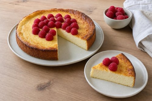 Pečený tvarohový cheesecake s malinami a odkrojený kúsok na tanieri