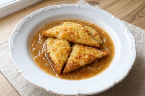 Francúzska cibuľačka s opečeným toastom a syrom