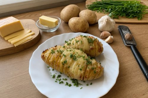 Baked potatoes with garlic, nutmeg, and cheese