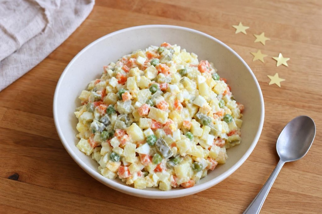 French-style potato salad with peas and eggs