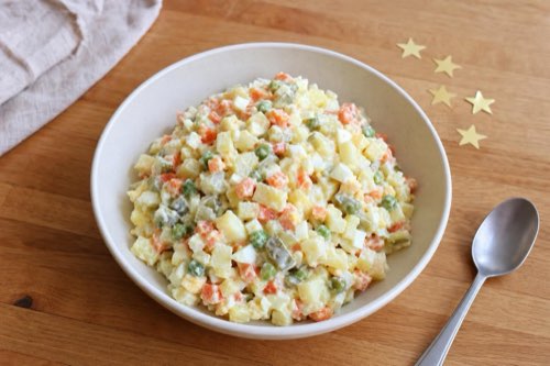 French-style potato salad with peas and eggs