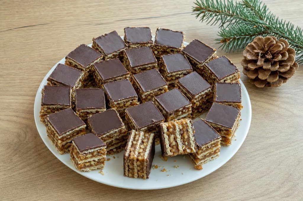 Grilážky so salkom bez pečenia: karamel s orechmi medzi oblátkami krájate až na druhý deň