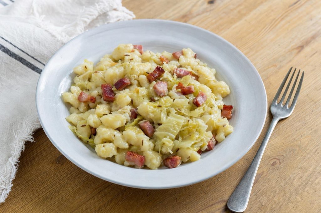 Halušky: Slovak dumplings with savoy cabbage and bacon