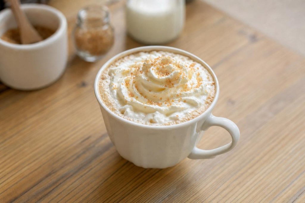 Hot coffee with rum, orange jam and whipped cream