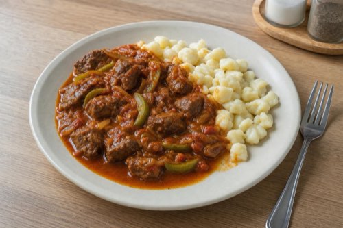 Beef pörkölt: Hungarian beef stew with paprika
