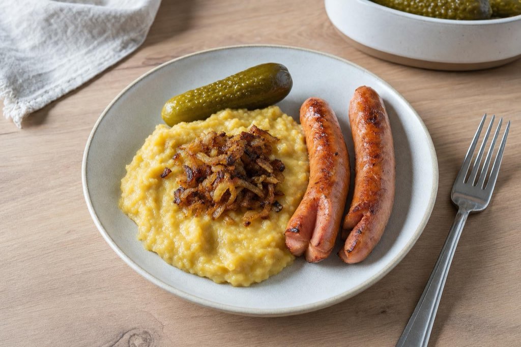 Yellow split pea mash with frankfurters and onions