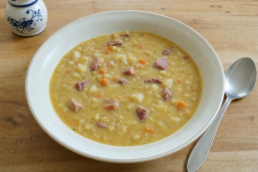Yellow split pea soup with barley and smoked meat