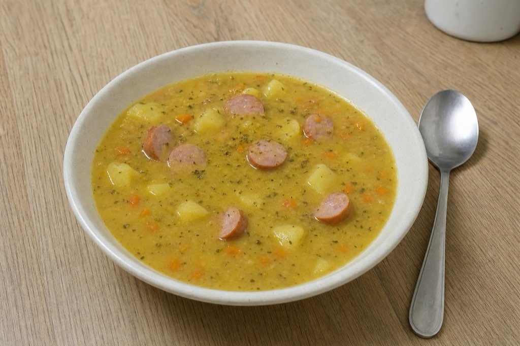 Yellow split pea soup with frankfurters