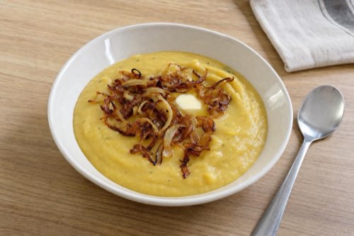Yellow split pea puree with butter and fried onions