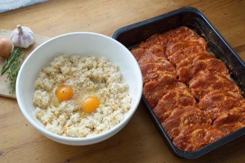 Marinated pork neck with stuffing and cheese