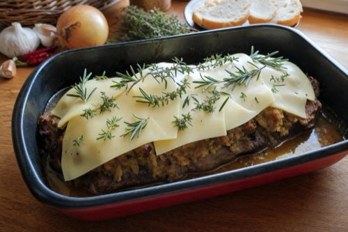 Marinated pork neck with stuffing and cheese